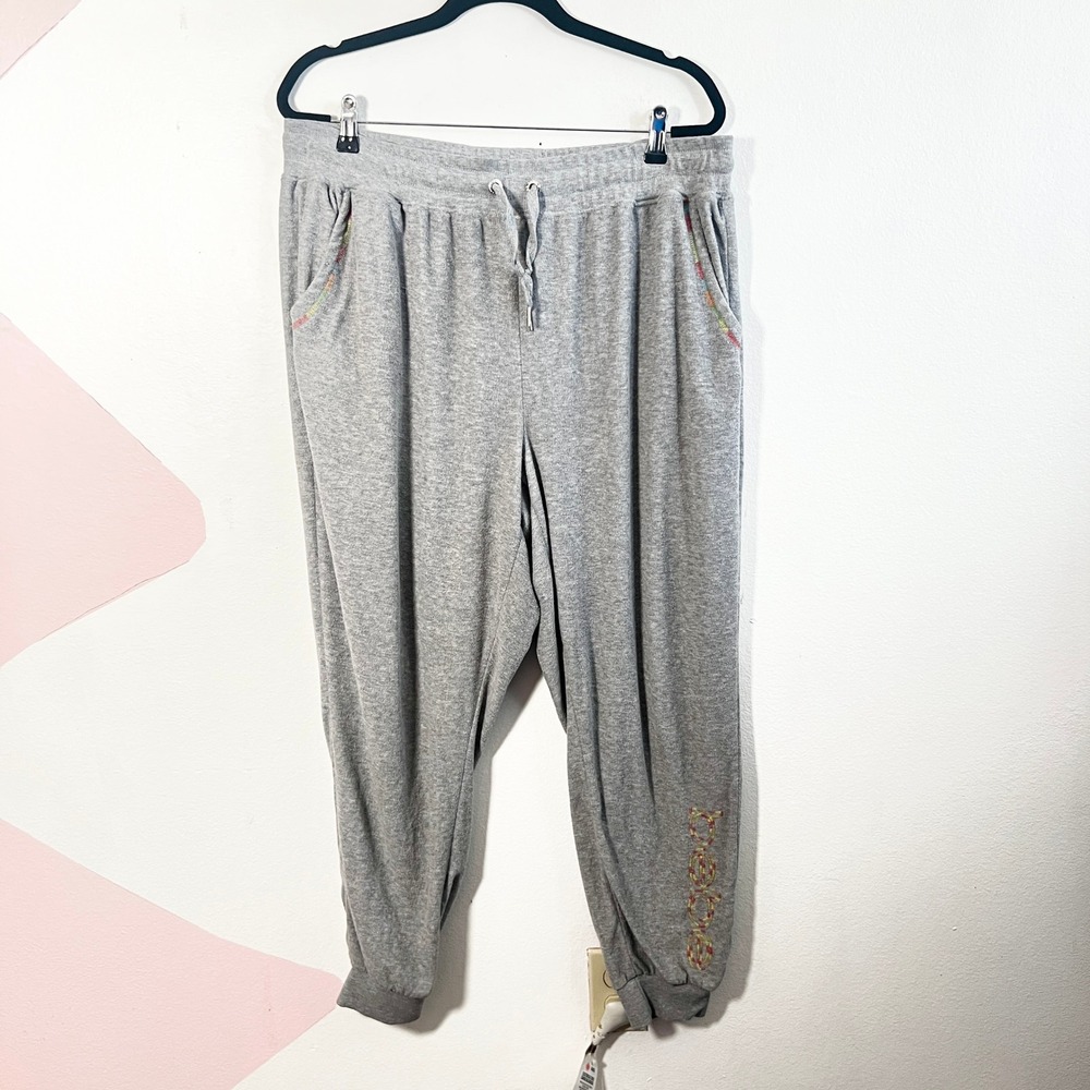Vtg Y2K Bebe Logo Joggers Womens 2X Gray Rainbow Trim Sweatpants 2000s